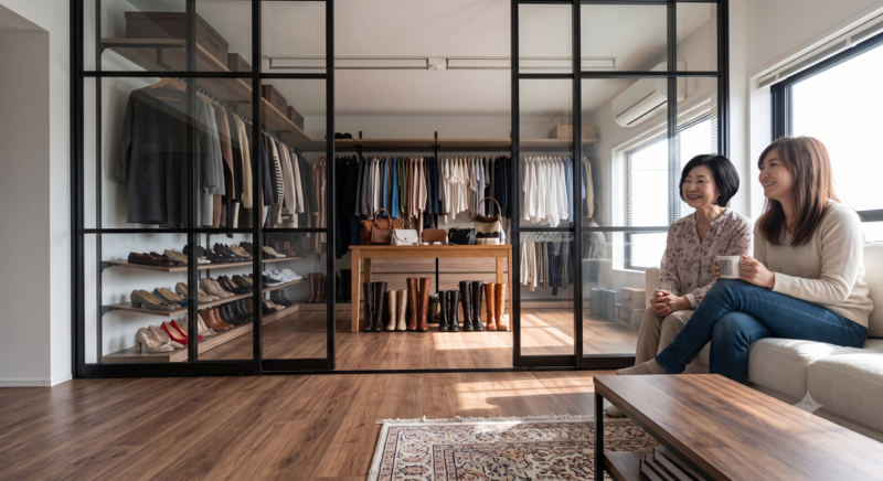 お気に入りの服をショップのように並べるリビング横のガラスで仕切る洋室収納のリフォーム
