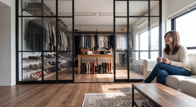 お気に入りの服をショップのように並べるリビング横のガラスで仕切る洋室収納のリフォーム