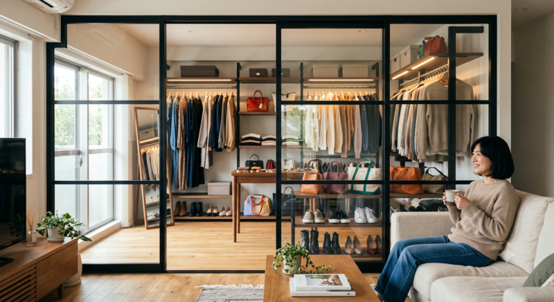 お気に入りの服をショップのように並べるリビング横のガラスで仕切る洋室収納のリフォーム