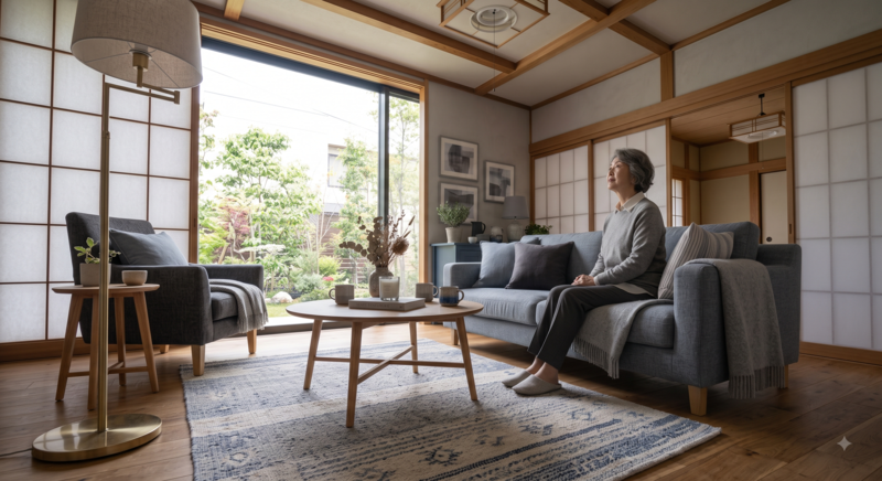 洋室の壁紙と色を合わせるグレーやブルーの無地で楽しむ